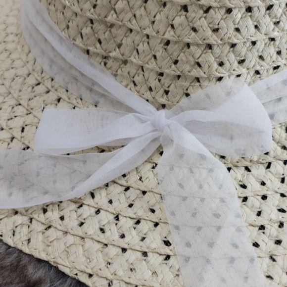 Women’s Straw Sun Beach Hat White Ribbon Floppy Spring Summer - Picture 3 of 5